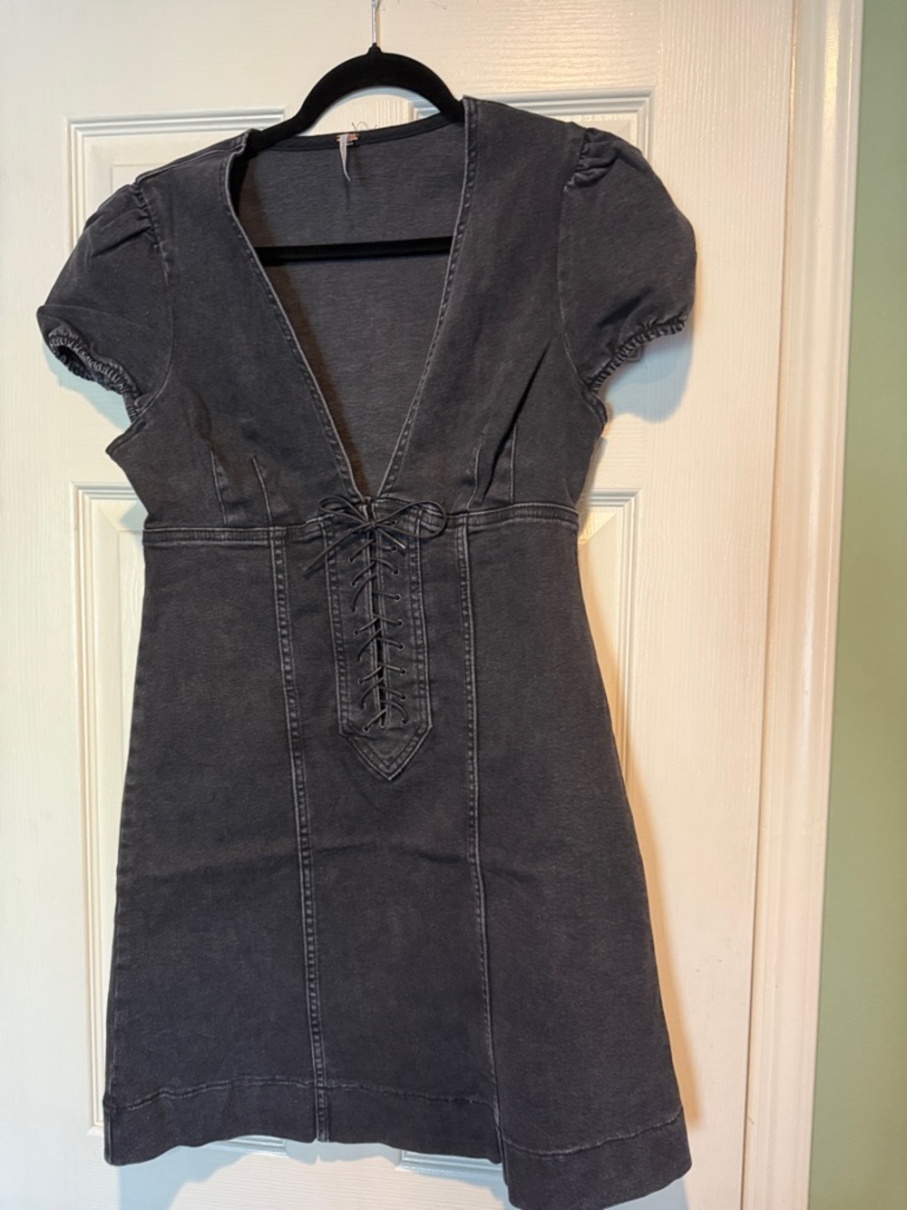 Free People Washed Charcoal Lace-Up Deep V Mini Dress